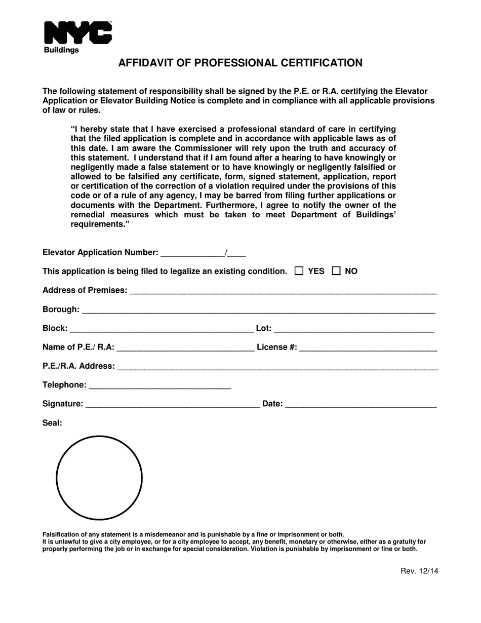 Form ELV15 Affidavit of Professional Certification - New York City, Page 1
