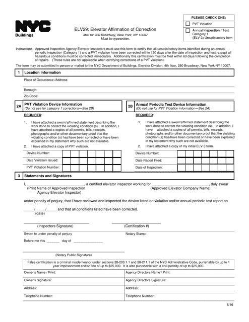 Form ELV29 Elevator Affirmation of Correction - New York City