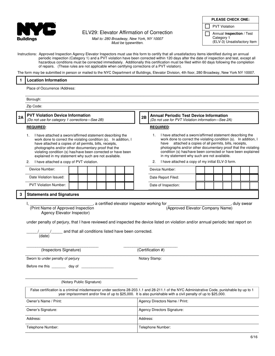 Form ELV29 Elevator Affirmation of Correction - New York City, Page 1