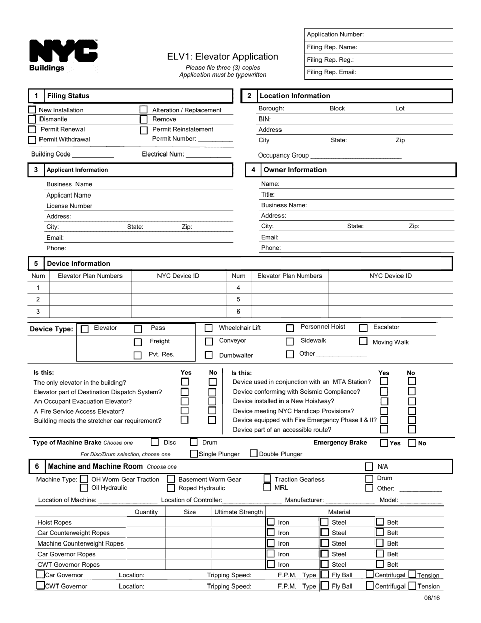 Form ELV1 Elevator Application - New York City, Page 1
