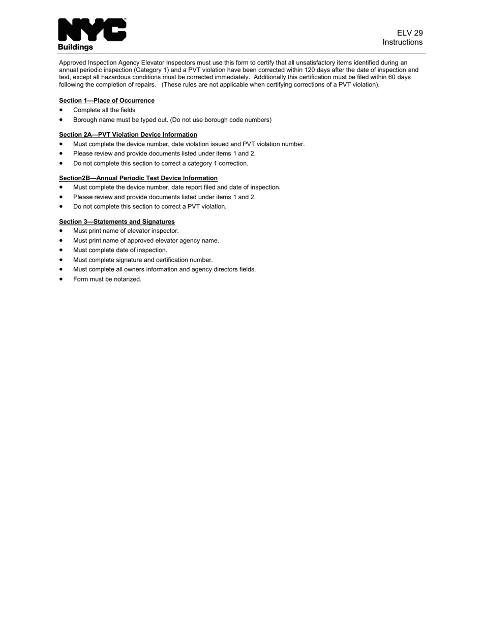 Instructions for Form ELV29 Elevator Affirmation of Correction - New York City, Page 1