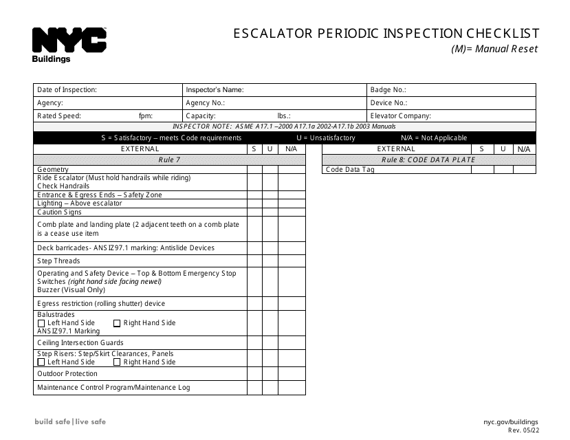 Escalator Periodic Inspection Checklist - New York City Download Pdf