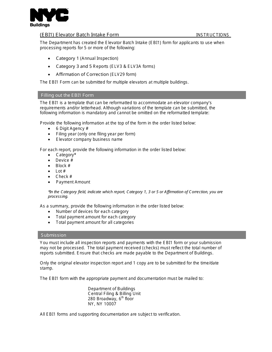 Instructions for Form EBI1 Elevator Batch Intake Form - New York City, Page 1