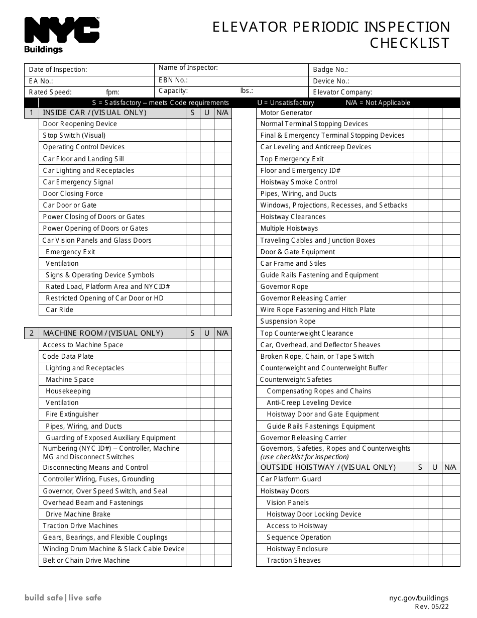 Elevator Periodic Inspection Checklist - New York City, Page 1