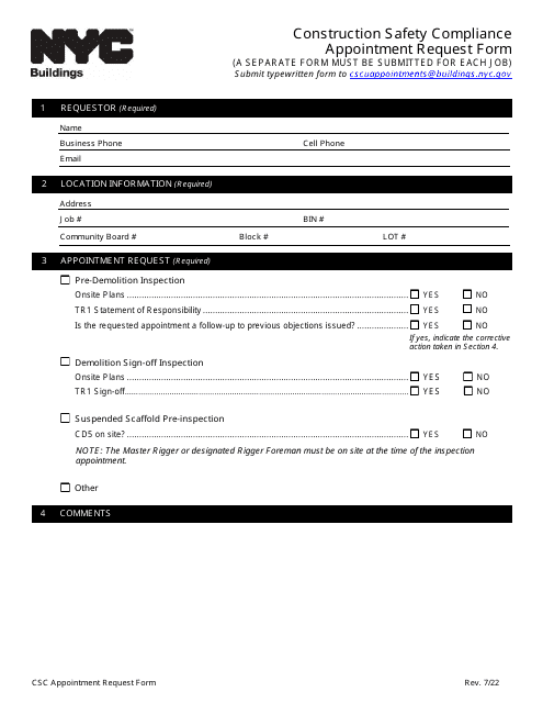 Construction Safety Compliance Appointment Request Form - New York City Download Pdf
