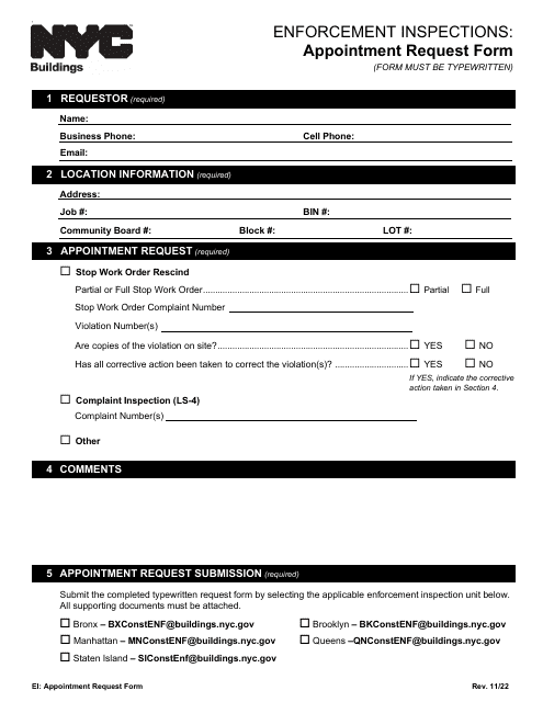 Enforcement Inspections: Appointment Request Form - New York City Download Pdf