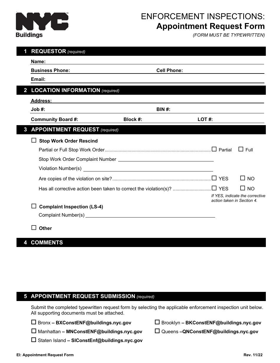 Enforcement Inspections: Appointment Request Form - New York City, Page 1