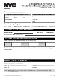 Document preview: Enforcement Inspections: Vacate Order Rescission Request Form - New York City