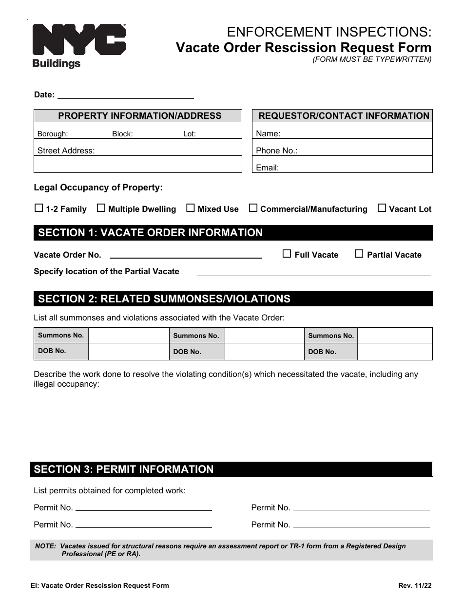 Enforcement Inspections: Vacate Order Rescission Request Form - New York City, Page 1