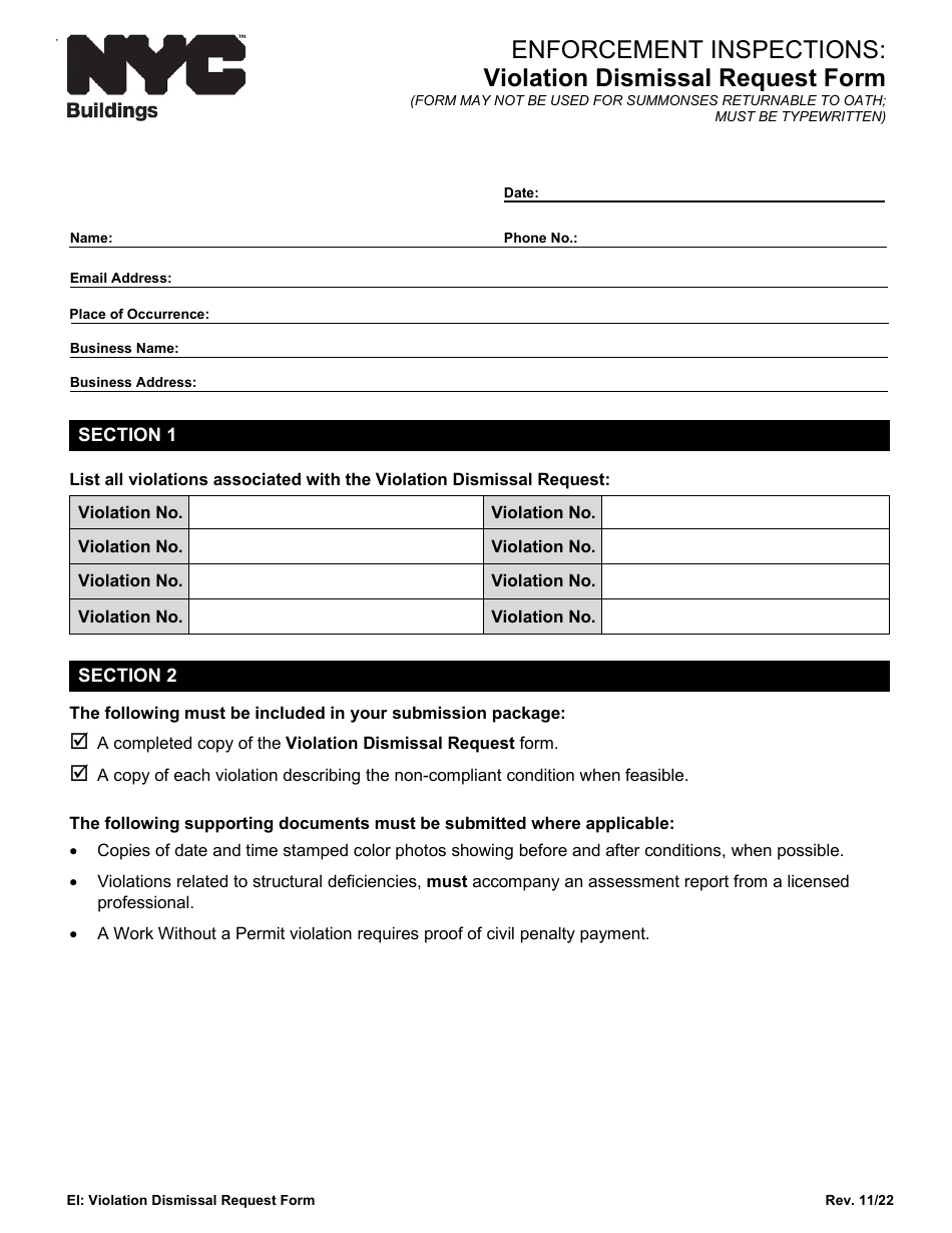 Enforcement Inspections: Violation Dismissal Request Form - New York City, Page 1