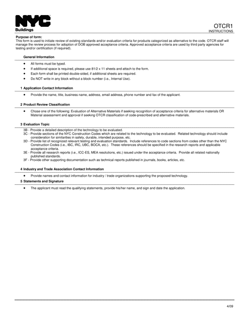 Instructions for Form OTCR1 Alternative Material Acceptance Criteria Application - New York City