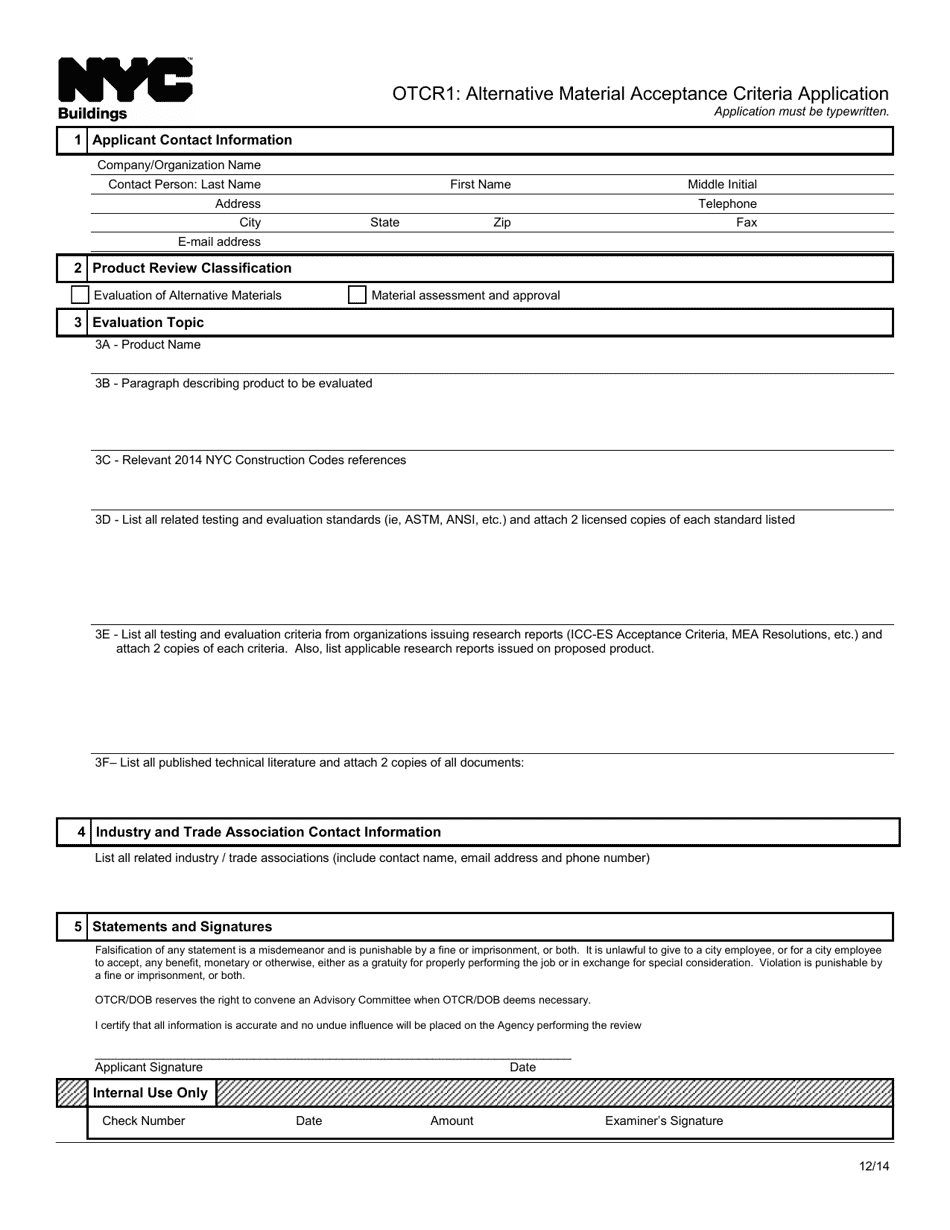 Form OTCR1 Alternative Material Acceptance Criteria Application - New York City, Page 1