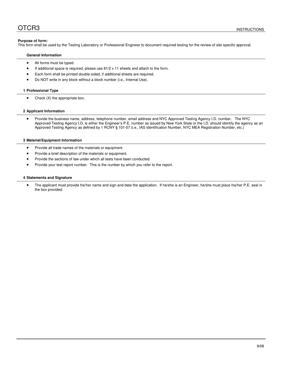 Instructions for Form OTCR3 Testing Laboratory or Professional Engineer Statement - New York City, Page 1