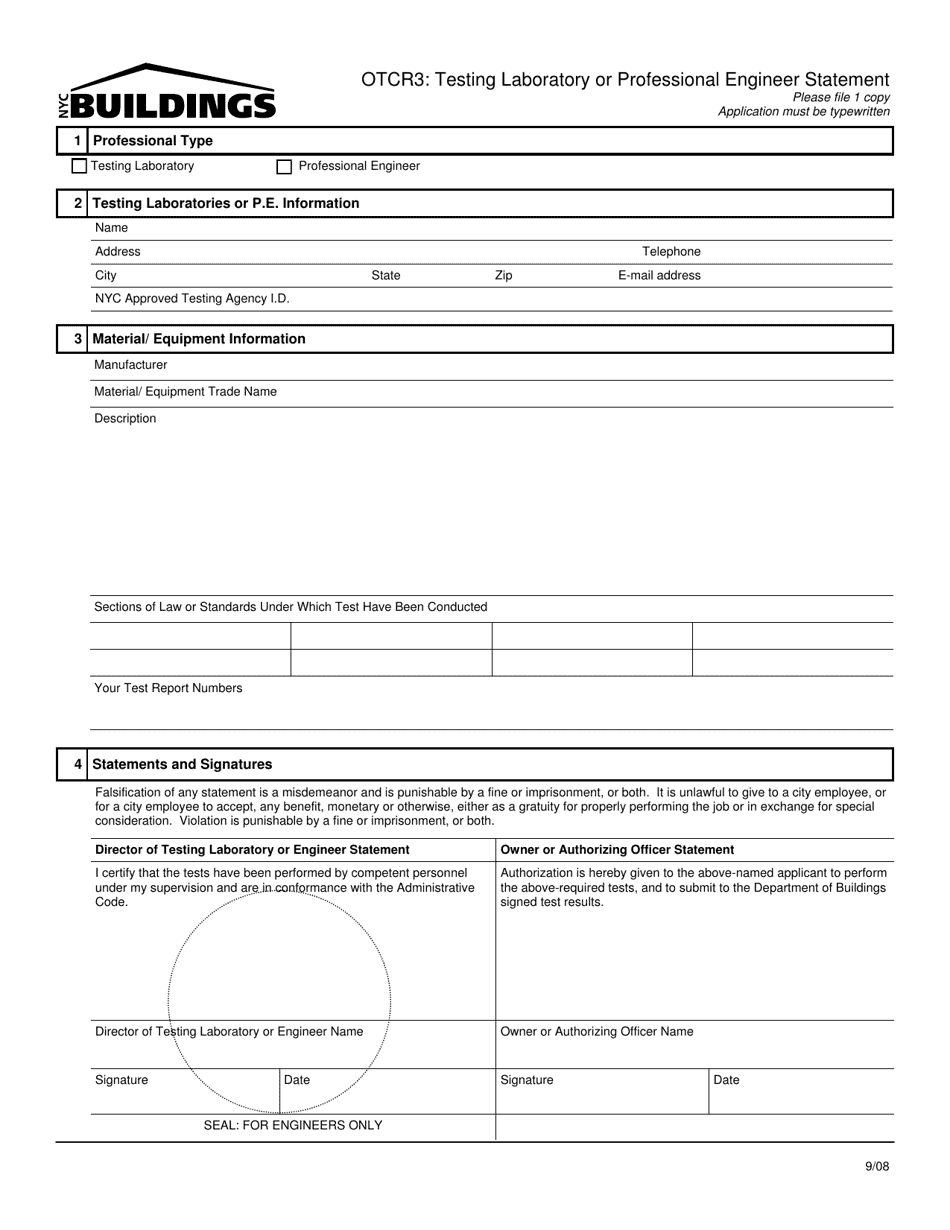 Form OTCR3 Testing Laboratory or Professional Engineer Statement - New York City, Page 1