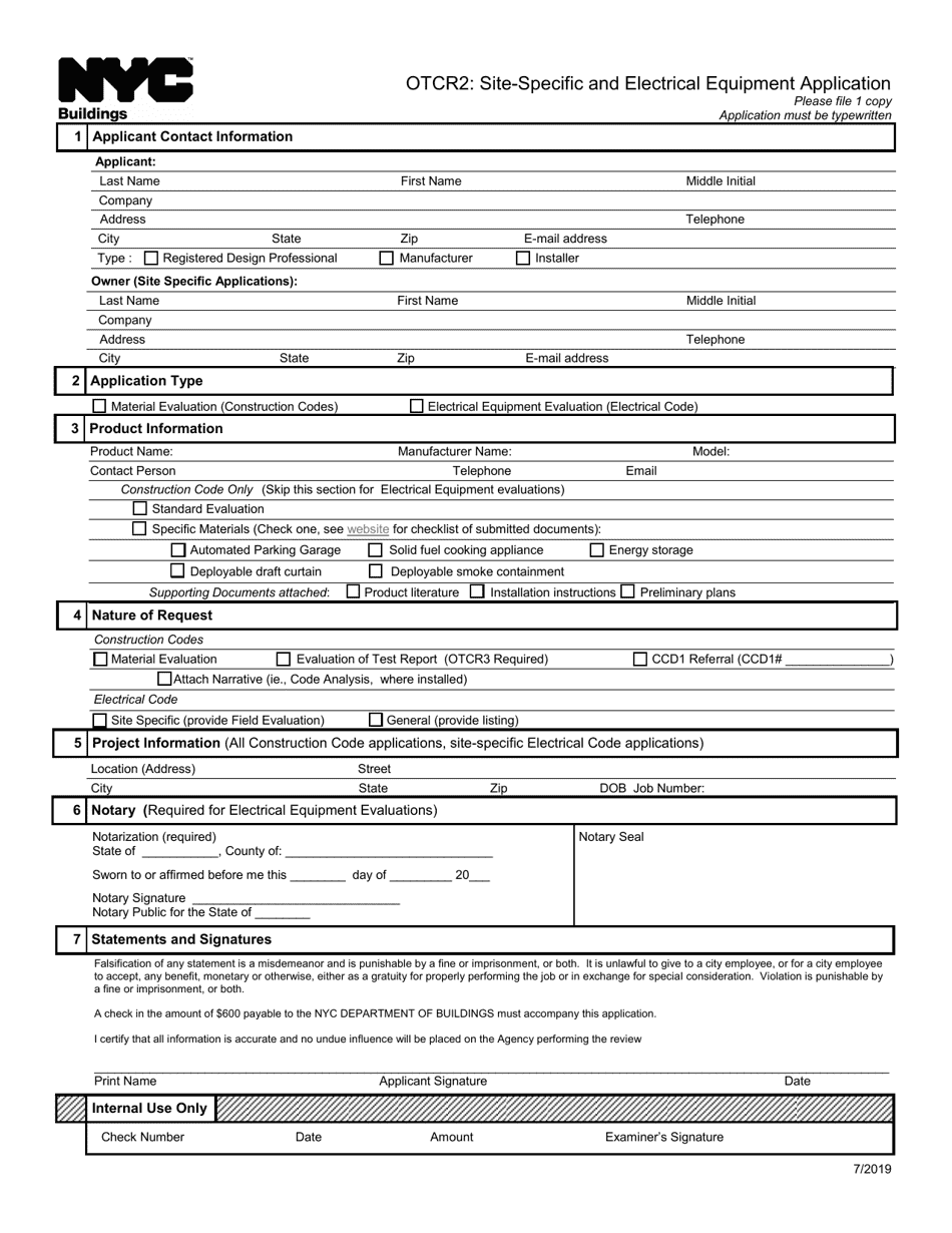 Form OTCR2 Site-Specific and Electrical Equipment Application - New York City, Page 1
