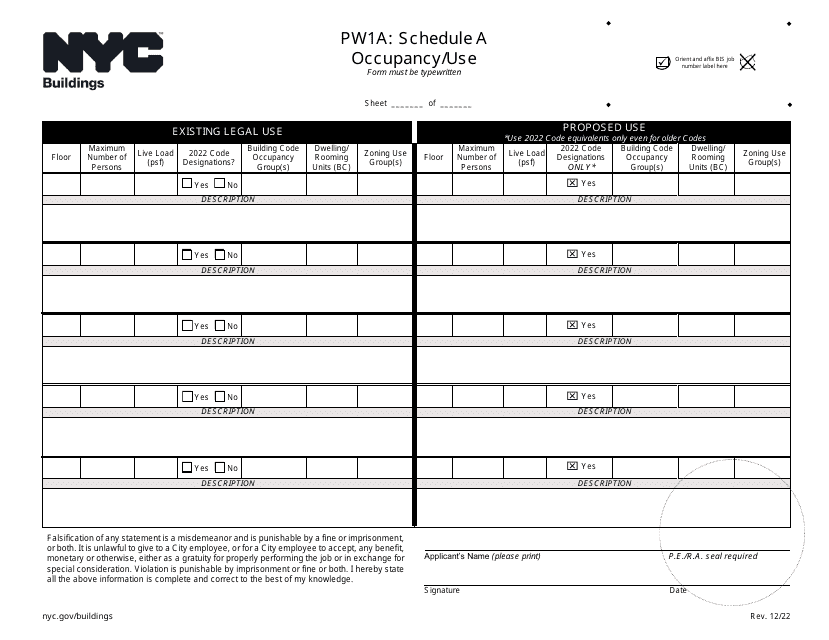 Form PW1A Schedule A Occupancy/Use - New York City