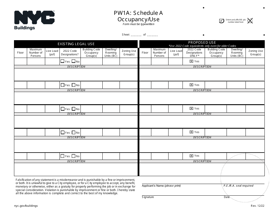Form PW1A Schedule A Occupancy / Use - New York City, Page 1