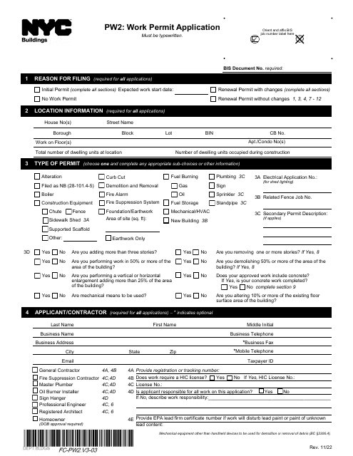 Form PW2 Work Permit Application - New York City