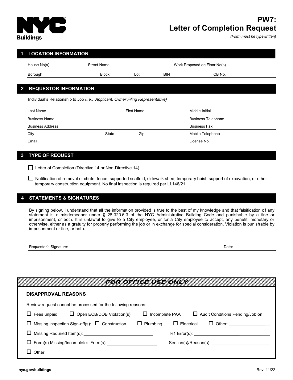 Form PW7 Letter of Completion Request - New York City, Page 1