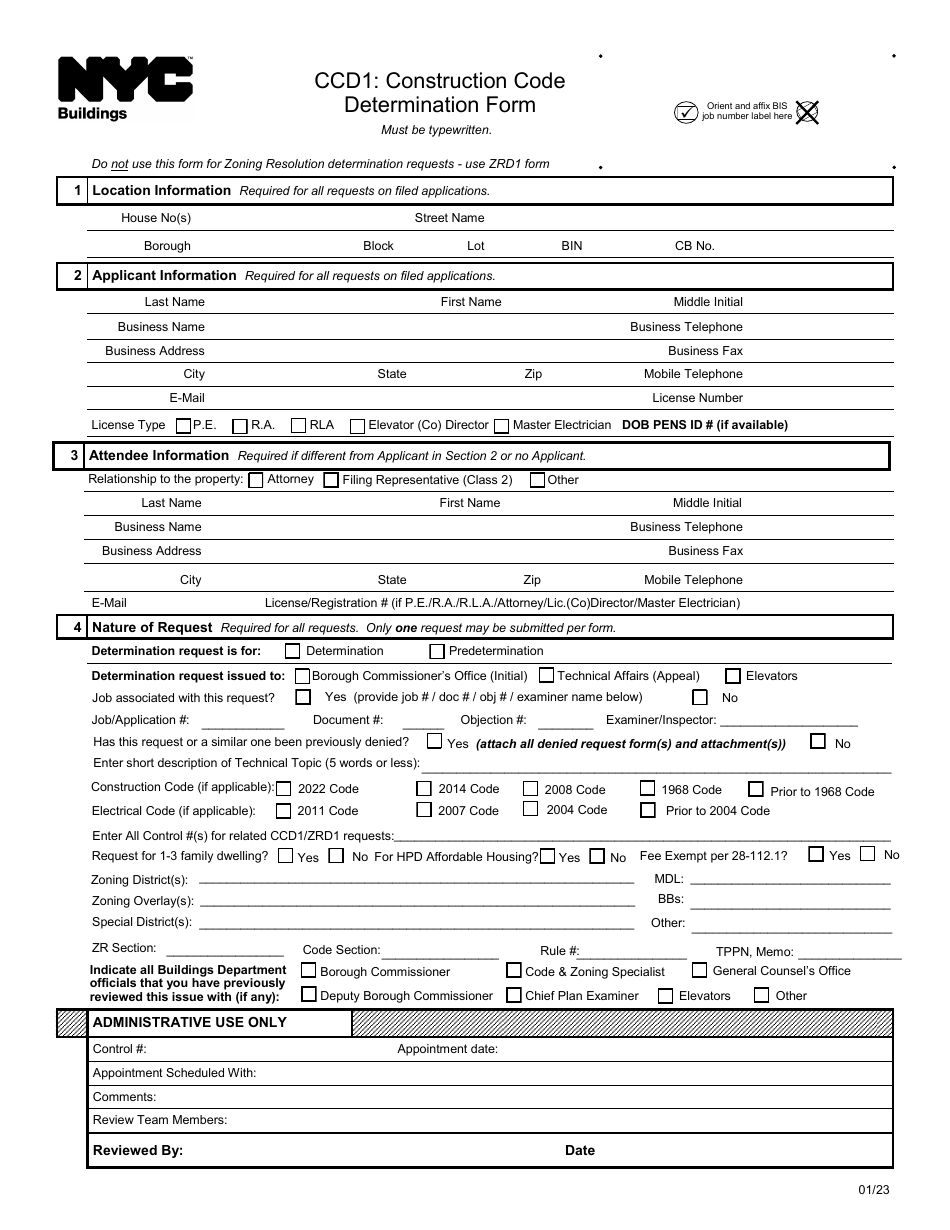 Form CCD1 Construction Code Determination Form - New York City, Page 1