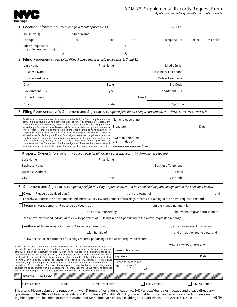 Form ADM-73 Supplemental Records Request Form - New York City, Page 1