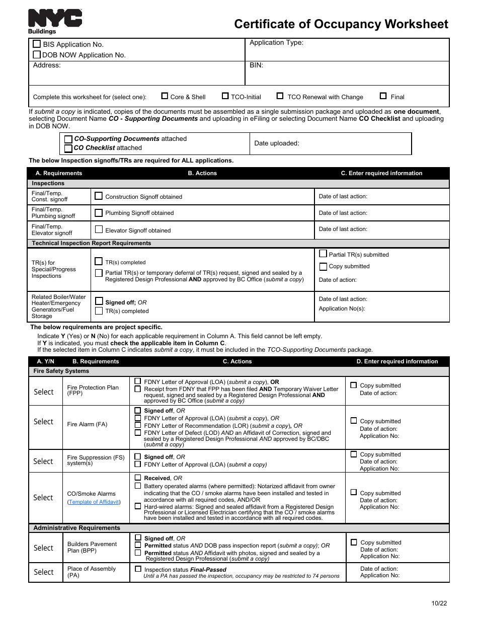 Certificate of Occupancy Worksheet - New York City, Page 1