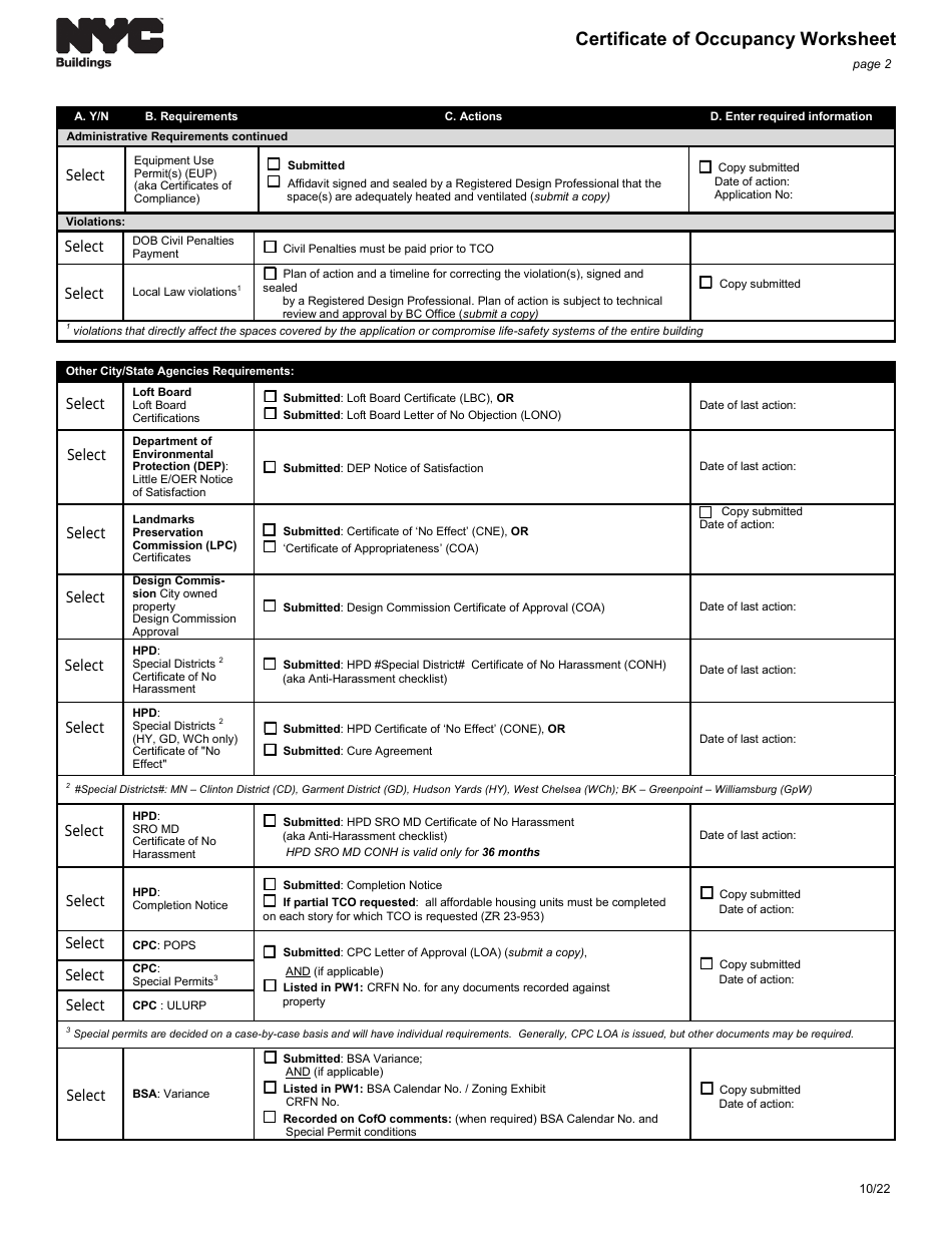 New York City Certificate Of Occupancy Worksheet Download Fillable PDF ...