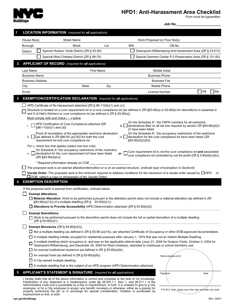 Form HPD1 Anti-harassment Area Checklist - New York City, Page 1