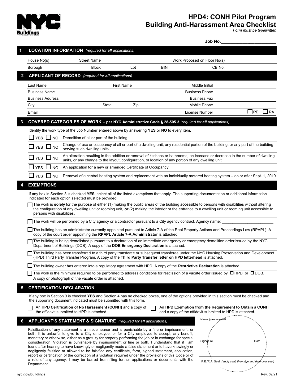 Form HPD4 CONH Pilot Program Building Anti-harassment Checklist - New York City, Page 1
