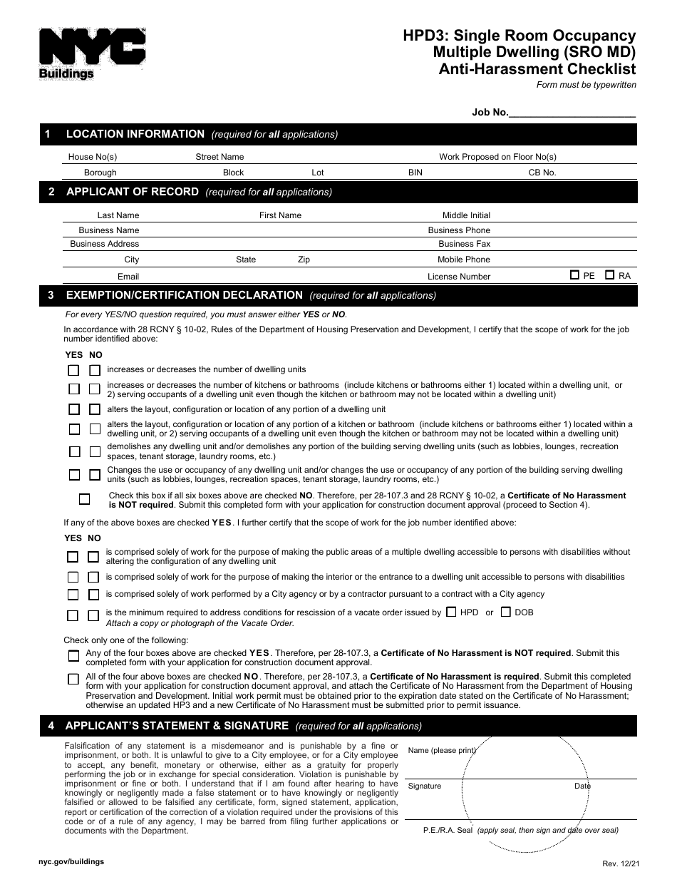 Form HPD3 Single Room Occupancy Multiple Dwelling (Sro Md) Anti-harassment Checklist - New York City, Page 1