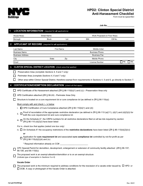 Form HPD2 Clinton Special District Anti-harassment Checklist - New York City