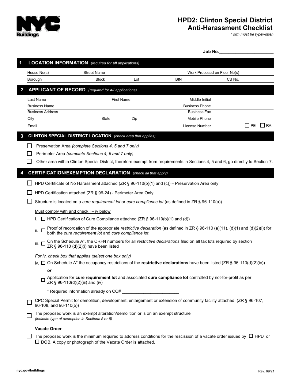 Form HPD2 Clinton Special District Anti-harassment Checklist - New York City, Page 1