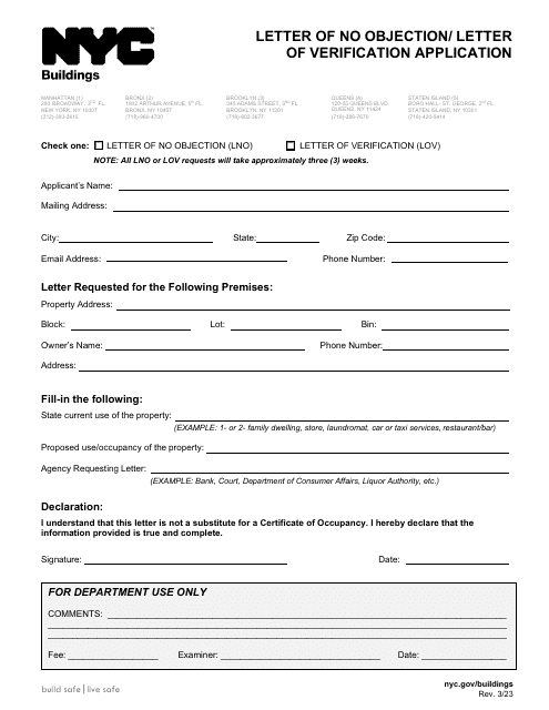 Letter of No Objection / Letter of Verification Application - New York City Download Pdf