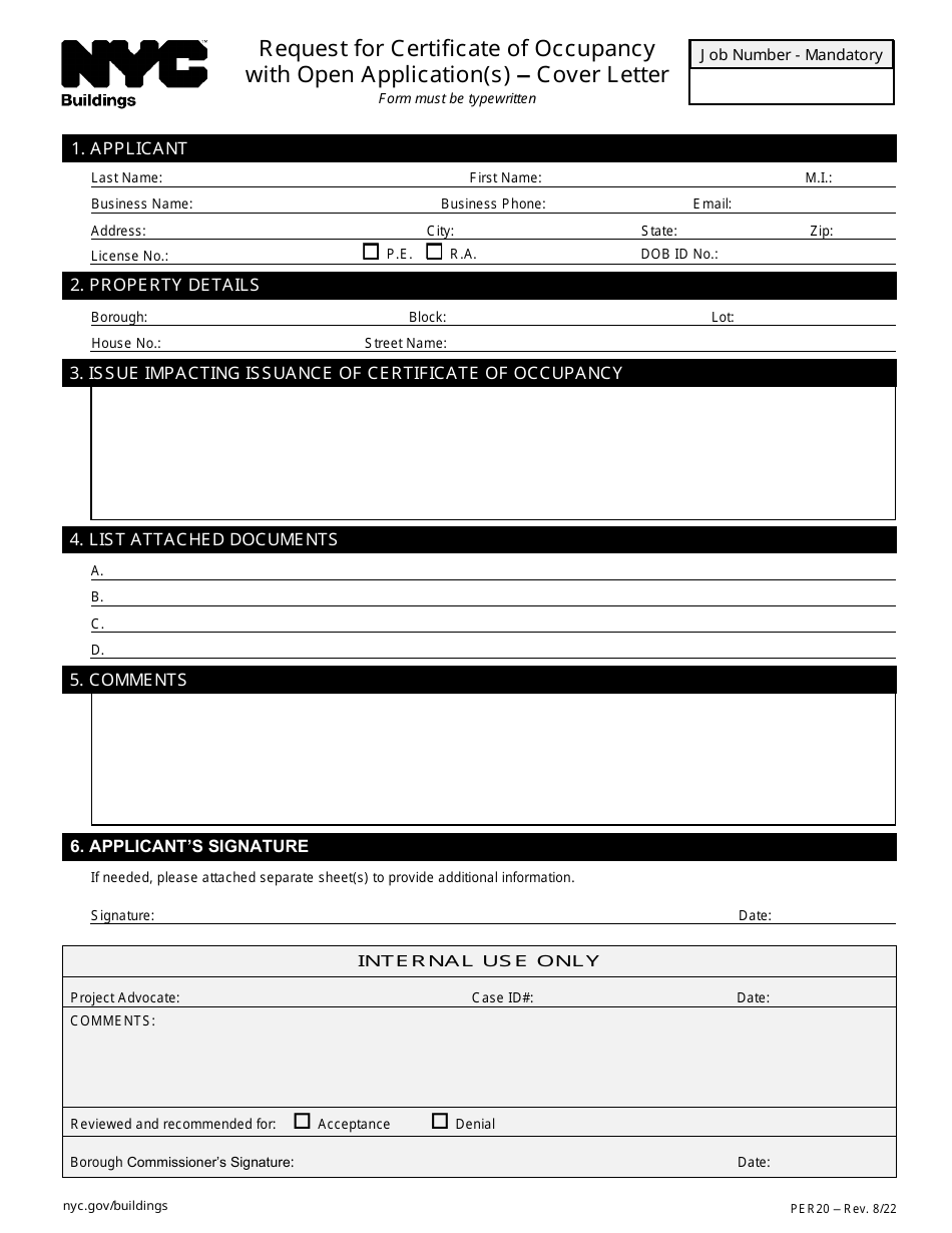 Form PER20 Request for Certificate of Occupancy With Open Application(S) - Cover Letter - New York City, Page 1