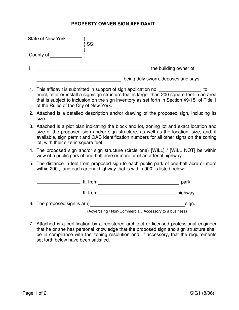 Form SIG1 Property Owner Sign Affidavit - New York City, Page 1