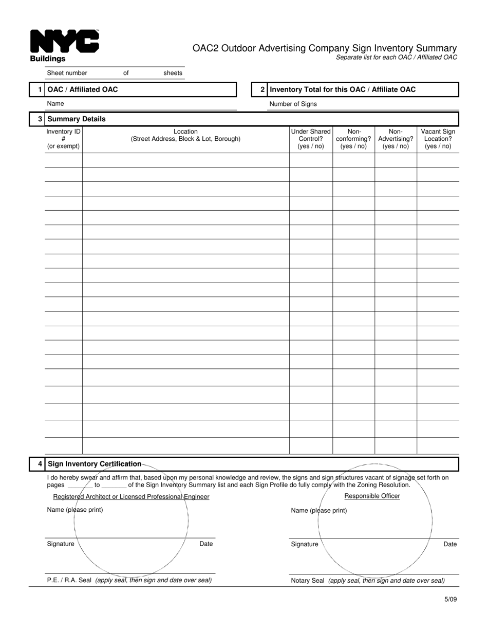 Form OAC2 Outdoor Advertising Company Sign Inventory Summary - New York City, Page 1