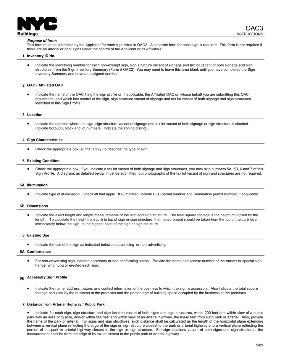 Instructions for Form OAC3 Outdoor Advertising Company Sign Profile - New York City, Page 1