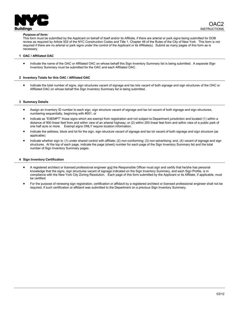 Instructions for Form OAC2 Outdoor Advertising Company Sign Inventory Summary - New York City, Page 1