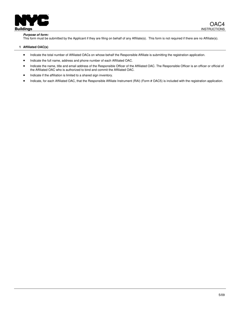 Instructions for Form OAC4 Outdoor Advertising Company Affiliated Oac(S) - New York City, Page 1