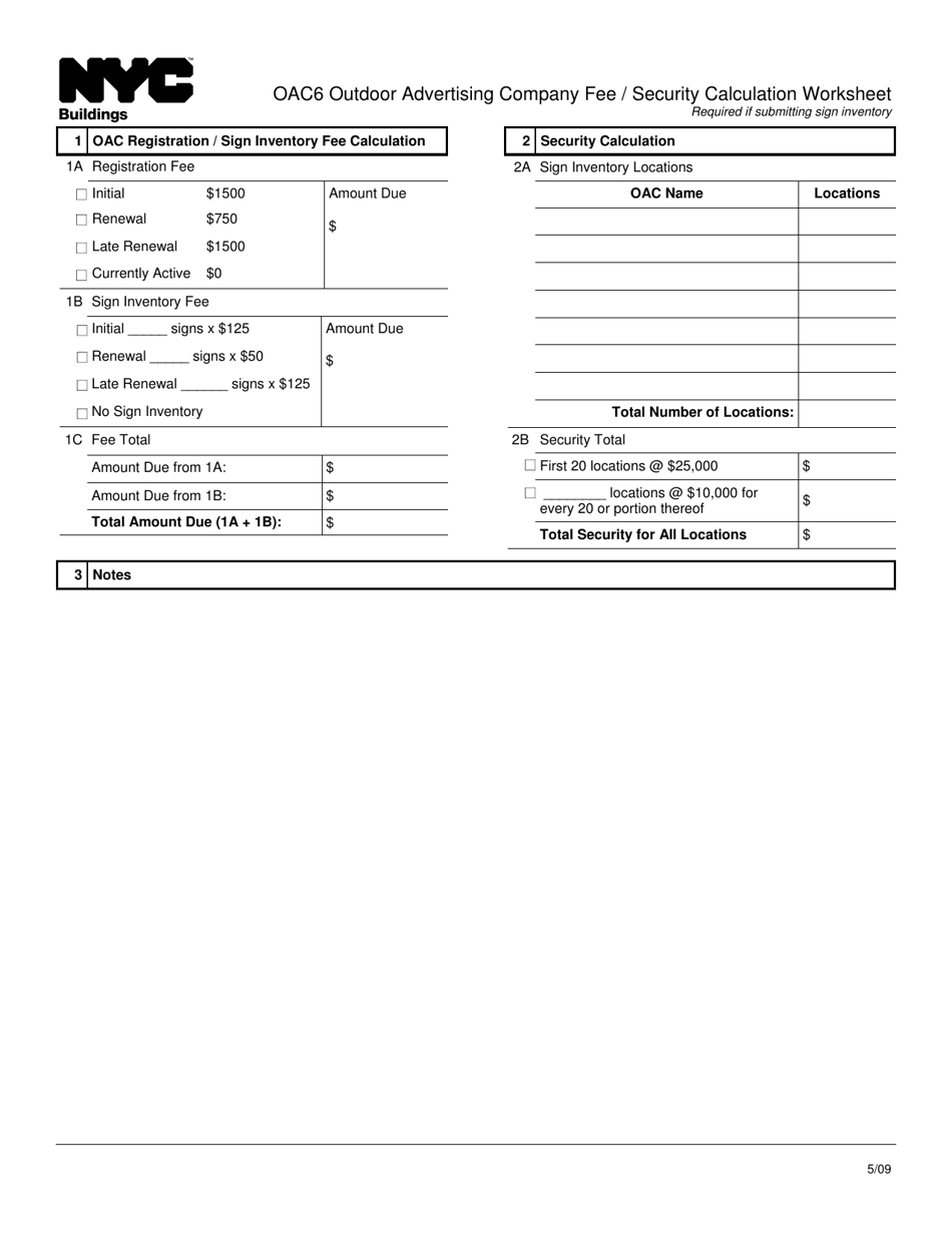 Form OAC6 Outdoor Advertising Company Fee / Security Calculation Worksheet - New York City, Page 1