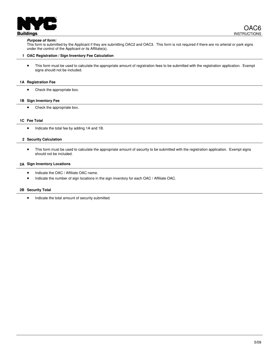 Instructions for Form OAC6 Outdoor Advertising Company Fee / Security Calculation Worksheet - New York City, Page 1