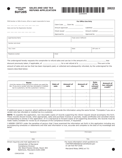 Maryland Form SUT205 (COM/SUT205) 2022 Printable Pdf