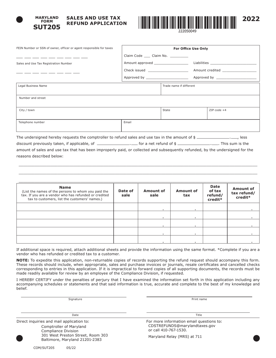 Maryland Form SUT205 (COM / SUT205) Sales and Use Tax Refund Application - Maryland, Page 1