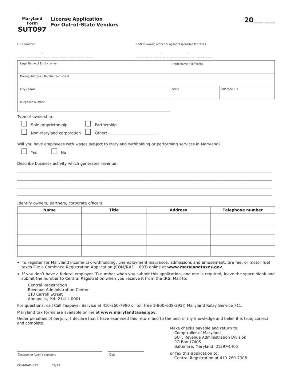 Maryland Form SUT097 (COM / RAD-097) License Application for Out-of-State Vendors - Maryland, Page 1