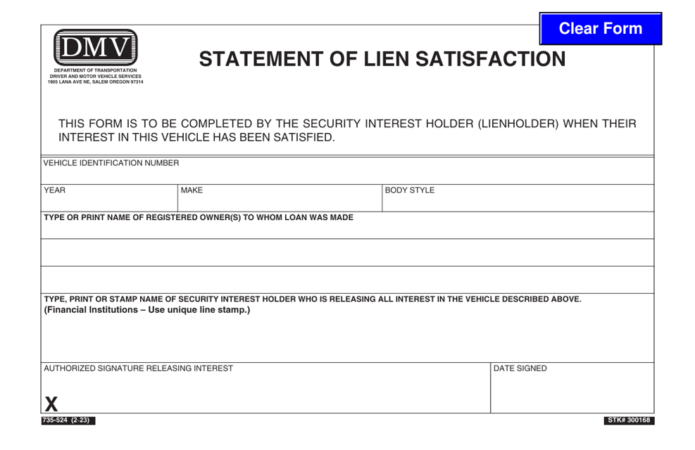 Form 735-524 Statement of Lien Satisfaction - Oregon