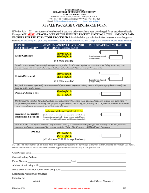 Form 910 Resale Package Overcharge Form - Nevada, 2023