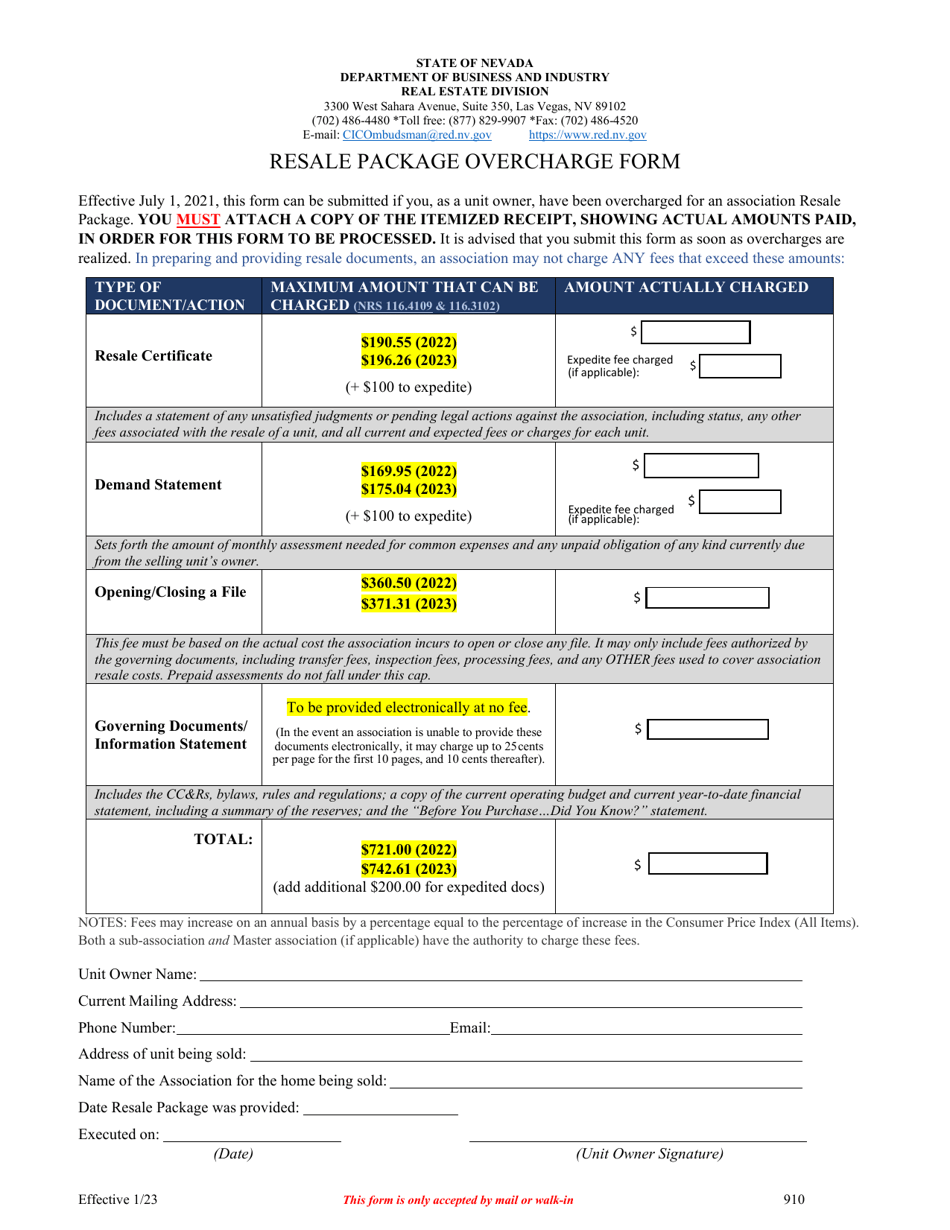 Form 910 Resale Package Overcharge Form - Nevada, Page 1