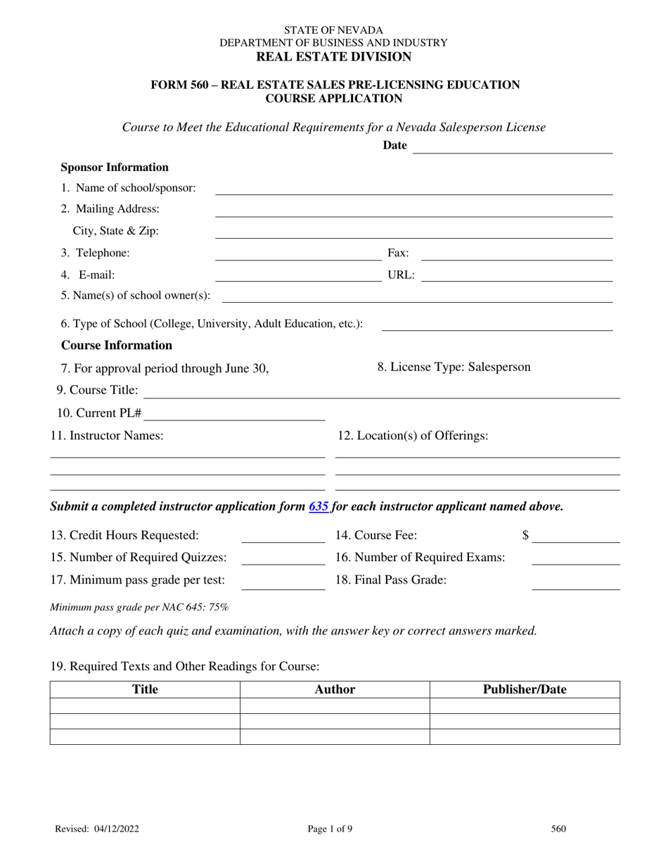 Form 560 Real Estate Sales Pre-licensing Education Course Application - Nevada, Page 1