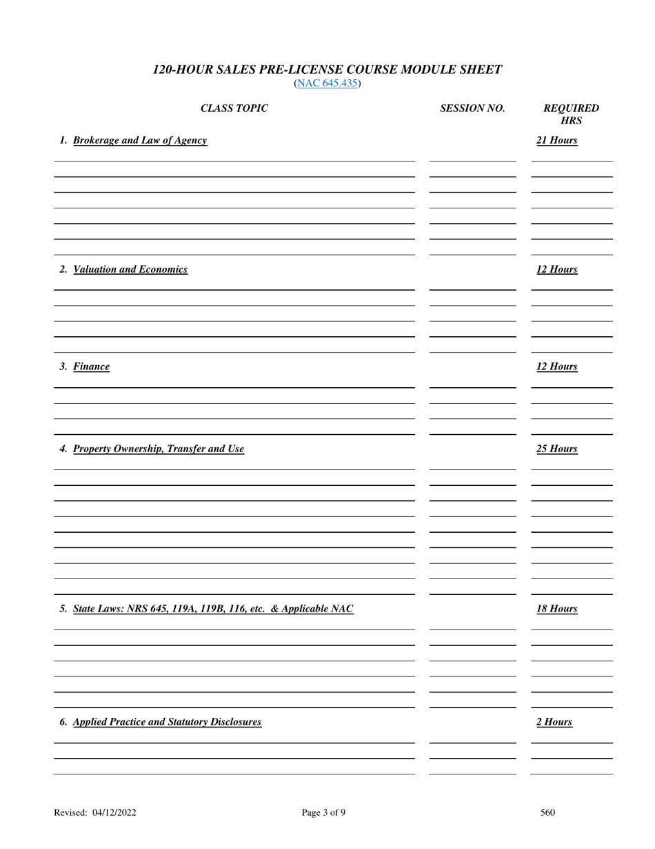 Form 560 Real Estate Sales Pre-licensing Education Course Application - Nevada, Page 3