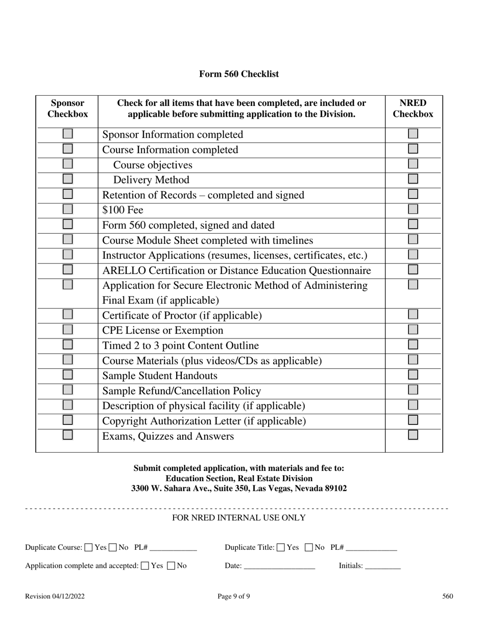 Form 560 Real Estate Sales Pre-licensing Education Course Application - Nevada, Page 9